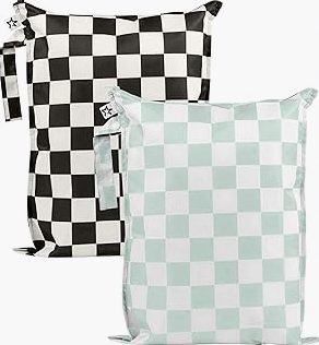 Tiny Twinkle Mess Proof Wet Bags | 2-Pack Reusable Waterproof Wet Bags for Swimsuits | Baby Clothes | Travel & Diaper Bag (Black, Green Checkers) product image